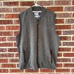 Tom James Brown Full Zip Lined Sweater Vest Mens L Leather Accents 100%‎ Cotton
